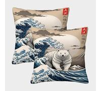 POLIUAWS Taie d'oreiller Ours Polaire Grande Vague pour Les Cheveux et la Peau - Plus Douce Que la Soie, Lot de 2 taies d'oreiller avec Fermeture Portefeuille, Cadeau pour Femme 45x45cm