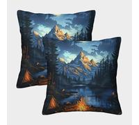 POLIUAWS Taies d'oreiller King Size pour canapé et Chambre à Coucher, Motif feu de Camp en Montagne, Respirantes, Lot de 2 (50 x 50 cm).