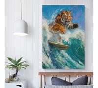 POLIUAWS Toile imprimée pas chère représentant un tigre surfant sur les vagues, idéale pour la décoration murale d'une chambre d'adolescent ou de garçon, format 40 x 60 cm (16 x 24 pouces).