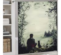 POLIUAWS Vintage Solitude - Man and Dog in Tranquil Nature Tissu Imperméable Lavable en Polyester Moderne Déperlant pour Baignoire Et Cabine De Douche 69.69x70.87Inch（177x180cm）