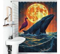 POLIUAWS Whale, Flamingo, and Moon Fantasy Art Rideaux De Douche Modernes en Polyester Déperlant Et Anti-moisissures pour Baignoires 53.54x70.87Inch（136x180cm）