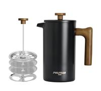 POLIVIAR 7379 POLIVIAR Cafetiere 8 tasses, cafetière à piston avec poignée en bois, cafetière isolée à double paroi et 1 filtre supplémentaire, presse à café en acier inoxydable pour un bon café et t