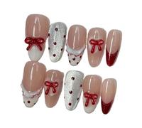 Polka Dot Lace Cat’s Eye Fake Nail Red Bow Sculpté Français Amande Presse Faite À La Main Sur Les Ongles Réutilisable(M)