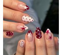 Polka Dot Press-on-Nägel, ongles artificiels courts en forme d'amande, mignons, rouge et blanc avec motif d'étoiles et de pois, ongles artificiels réutilisables Y2K, ongles autocollants pour