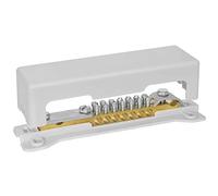 Pollmann POT 16/25 Rail d'Équilibrage de Potentiel 2 Rangées, 1 Pièce | Barre de terre avec 7 bornes 2,5-25 mm², languette pour plat 30x4 mm et étrier 25-50 mm², laiton et acier galvanisé