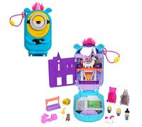 Polly Pocket Coffret Minions avec 1 figurine, 2 figurines Minions et une peluche licorne, coffret à collectionner avec 9 accessoires, HWP09