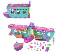 Polly Pocket Ensemble de jeu portable en bateau avec jeux d'eau et accessoires de changement de couleur, croisière de rêve licorne comprend 1 poupée et 23 pièces au total