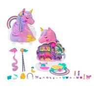 Polly Pocket Licorne Arc-en-ciel Coffret salon de coiffure et tête à coiffer avec 2 mini-figurines, plus de 20 accessoires et éléments mobiles, HYD97