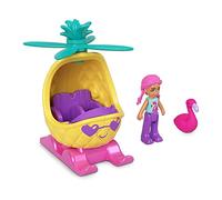 Polly Pocket Mini véhicule en métal à collectionner, poupée articulée et animal de compagnie - Poupée Polly's Friend avec hélicoptère ananas et flamant rose vif