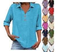 Polo à manches 3/4 pour femme - Élégant - T-shirt en lin - Tunique ample à manches courtes - Pour femme - T-shirt surdimensionné - Pour adolescentes et filles - Loisirs - Chemise longue en lin