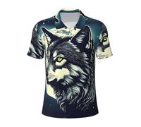 Polo à manches courtes avec imprimé loup et lune nocturne pour homme, évacuation de l'humidité, confortable, élégant au quotidien, Noir/blanc, S