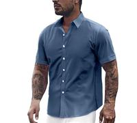 Polo à manches courtes en lin pour homme - Chemise à manches courtes - Oversize - Stretch - Coton - Lin - Boutons-pression - Col montant - Chemise d'été unie - Chemise à revers hawaïenne, bleu marine