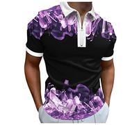Polo à manches courtes pour homme avec fermeture éclair - Col en V décontracté - Manches courtes - Coupe droite - Pour homme - Style classique - Style sportif tendance, lilas, L