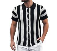 Polo à manches courtes pour homme - Chemise rayée à revers à manches courtes - Couleur ample - Blocage de rayures - Cardigan à manches courtes - Maille décontractée - T-shirt d'été, Noir , L