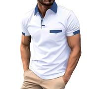 Polo à manches courtes pour homme - Contraste - Polo d'été basique - Élégant - Couleur contrastée - Col rond - Respirant - Coupe ajustée - Avec poche de poitrine pour homme, Blanc., XL