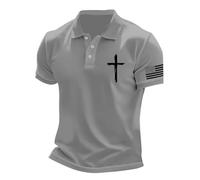 Polo à manches courtes pour homme - Imprimé croix chrétienne - Coupe régulière - Respirant - Col cubain - Pour l'extérieur - Pour le travail et le w nd, gris, M