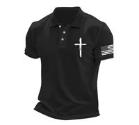 Polo à manches courtes pour homme - Imprimé croix chrétienne - Coupe régulière - Respirant - Col cubain - Pour l'extérieur - Pour le travail et le w nd, Noir , M