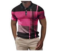 Polo à manches courtes pour homme Printemps et été boutonné 2025 - Motif à carreaux - Couleur assortie - Imprimé rayé - Manches techniques, rose vif, L
