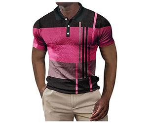 Polo à manches courtes pour homme Printemps et été boutonné 2025 - Motif à carreaux - Couleur assortie - Imprimé rayé - Manches techniques, rose vif, L