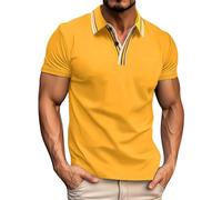 Polo à manches courtes pour homme - T-shirt de golf rayé bicolore - Coupe ajustée - Léger pour l'été et un usage quotidien - Avec texture respirante, Format A5 - Jaune, XXL