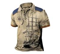 Polo à Manches Courtes pour Hommes, imprimé en 3D d'un voilier Vintage Polo à Lacets avec Revers à Motif de Boussole Top d'été décontracté pour Le Sport et Le Fitness