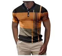 Polo à manches courtes sans col pour homme - Col montant - Manches courtes - Coton - T-shirt rayé - T-shirt d'été imprimé - T-shirt pour homme - Pull de sport, Orange, M
