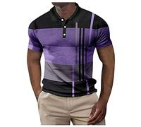 Polo à manches courtes sans col pour homme - Col montant - Manches courtes - Coton - T-shirt rayé - T-shirt d'été imprimé - T-shirt pour homme - Pull de sport, lilas, XL