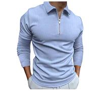 Polo à manches longues avec fermeture éclair pour homme - Chemise de loisirs pour homme - Coupe ajustée - Couleur unie - Respirant - Coupe ajustée - En coton - T-shirt de golf, bleu clair, XL