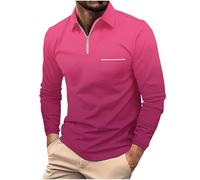 Polo à manches longues en coton pour homme - Col grand-père - Style décontracté - Respirant - Graphique - Coupe ajustée - Vêtements de golf - Vêtements de golf amusants - Chemise de festival, rose vif