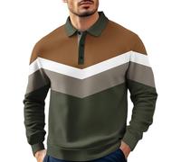 Polo à manches longues en coton pour homme - Élégant - T-shirt ample - Imprimé blocs de couleurs - Chemise à col avec boutonnière - Haut confortable, Vert arme (05), XXL