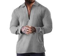 Polo à manches longues gaufré pour homme avec fermeture éclair 1/4 et revers, Polo gris à manches longues pour homme, L