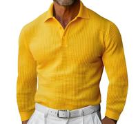 Polo à manches longues gaufré pour homme avec revers boutonné, coupe ajustée, Polo jaune à manches longues pour hommes, XXL