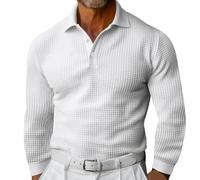Polo à manches longues gaufré pour homme avec revers boutonné, coupe ajustée, Polos blancs à manches longues pour hommes, 3XL