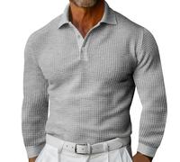 Polo à manches longues gaufré pour homme avec revers boutonné, coupe ajustée, Polos gris à manches longues pour hommes, M
