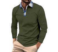 Polo à manches longues pour homme adulte en coton coupe ajustée avec poche, col grand-père, vêtement de travail décontracté, extensible, boutonné, t-shirt de sport respirant, vert militaire, L
