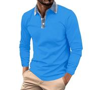 Polo à manches longues pour homme adulte en coton coupe ajustée col grand-père boutonné décontracté extensible respirant T-shirt de gym avec poche, bleu ciel, M