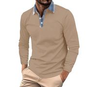 Polo à manches longues pour homme adulte en coton coupe ajustée col grand-père boutonné T-shirt de gym avec poche design décontracté extensible, kaki, XXL