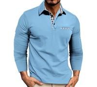 Polo à manches longues pour homme adulte en coton coupe ajustée col grand-père décontracté extensible avec poche respirant T-shirt de gym à boutons, bleu clair, L