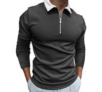 Polo à manches longues pour homme adulte en coton coupe ajustée décontracté extensible avec poche respirant T-shirt de gym vêtements de travail col grand-père, gris foncé, L