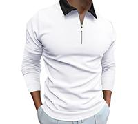 Polo à manches longues pour homme adulte en coton coupe ajustée décontracté extensible avec poche respirant T-shirt de gym vêtements de travail col grand-père, blanc, 3XL