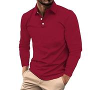 Polo à manches longues pour homme adulte en coton coupe ajustée décontracté extensible col grand-père respirant coupe musclée avec poche T-shirt de sport, Rouge, XXL