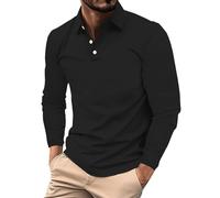 Polo à manches longues pour homme adulte en coton coupe ajustée décontracté extensible col grand-père respirant coupe musclée avec poche T-shirt de sport, Noir , XXL