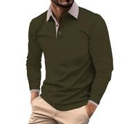 Polo à manches longues pour homme adulte en coton coupe ajustée décontracté extensible col grand-père boutonné T-shirt de gym respirant avec poche, vert militaire, XL