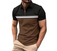 Polo à manches longues pour homme adulte en coton coupe ajustée décontracté extensible t-shirt de sport col grand-père boutonné chemise de travail chemise avec poche respirante coupe musculaire, café