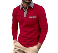 Polo à manches longues pour homme avec col à carreaux, coupe ajustée, polo décontracté pour homme, chemise légère et confortable, polo vert élégant avec accents à carreaux, Rouge, S