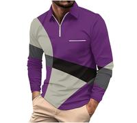 Polo à manches longues pour homme avec fermeture éclair et poche zippée, Polo violet à manches longues pour hommes, 3XL