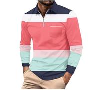 Polo à manches longues pour homme avec poche zippée et rayures, Polo à manches longues rouge pastèque pour homme, S