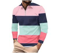 Polo à manches longues pour homme avec poche zippée et rayures, Polos roses à manches longues pour hommes, L