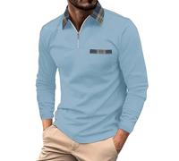 Polo à manches longues pour homme avec poches et fermeture éclair - Coupe ajustée, Polo à manches longues bleu clair pour homme, L