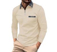 Polo à manches longues pour homme avec poches et fermeture éclair - Coupe ajustée, Polo beige à manches longues pour homme, XXL